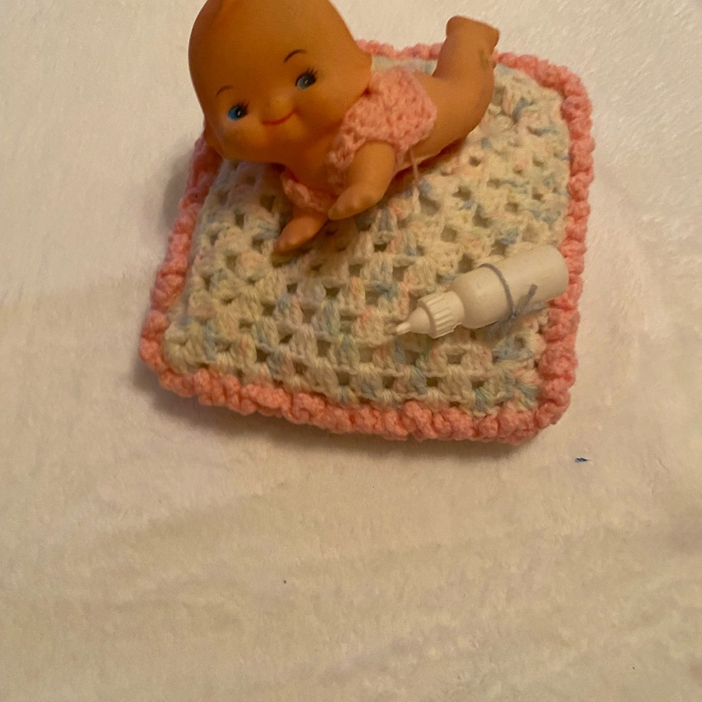 Vintage Baby Doll with Crochet Pillow